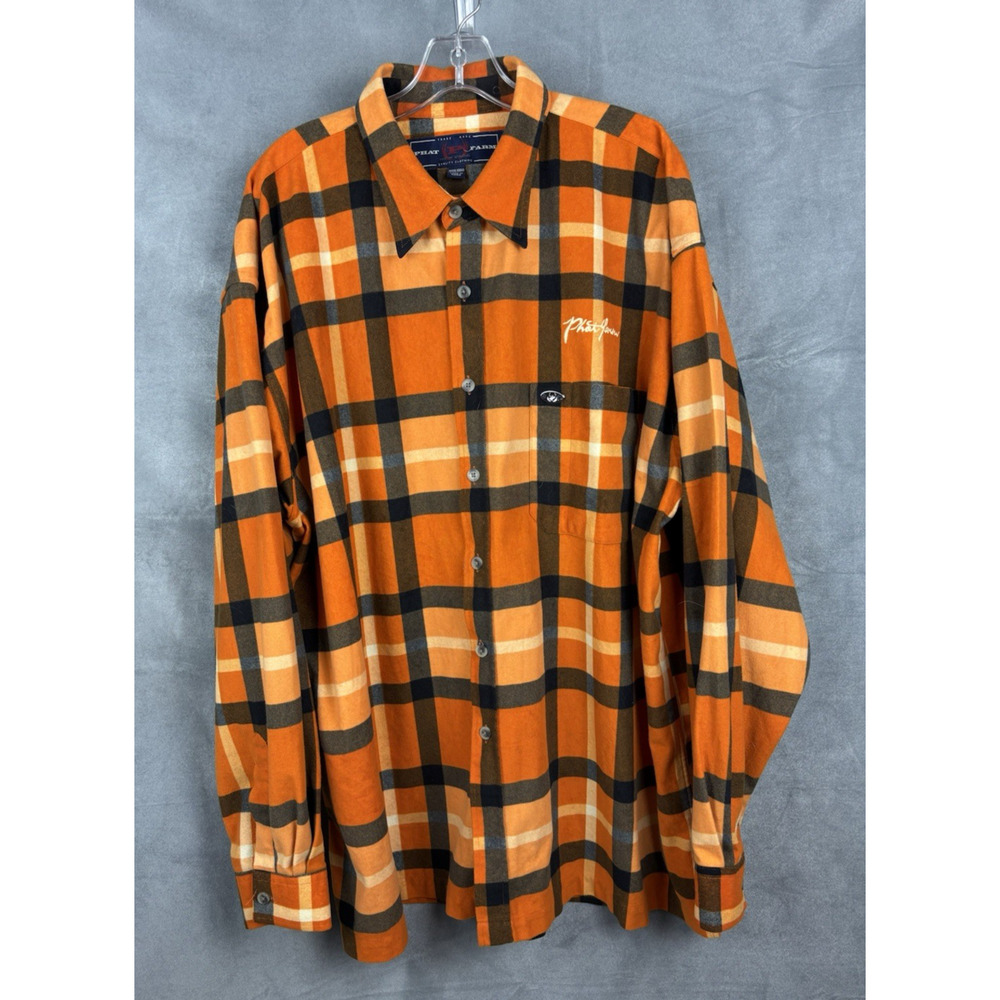 Phat Farm Plaid Flannel Shirt Mens XXXL Orange Yellow Hip Hop Y2K Streetwear 90s